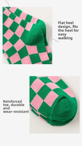 Detailed view of the Y-type heel and reinforced toe on green checkerboard socks