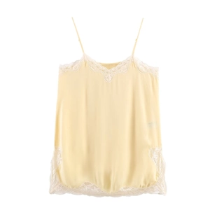 Women Sexy Lace Trim Satin Cami Top V Neck Adjustable Spaghetti Strap Sleeveless Pale Yellow Tank Top