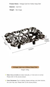 Detail view of vintage cast iron soap dish with intricate hollow pattern 13.5x10x3.5cm