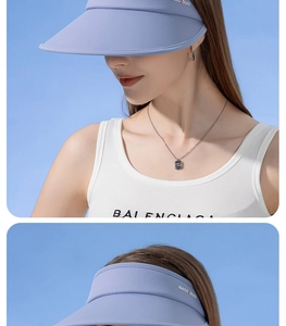 Detail of lavender UPF50+ open top sun hat with wide brim against a blue sky background