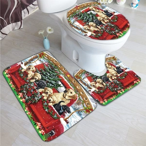Detailed set of Christmas bath mats featuring festive golden retriever puppy designs