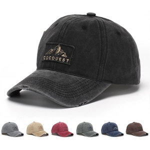 Retro Washed Cotton Baseball Cap Distressed Frayed Edge Mountain Embroidery Adjustable Vintage Streetwear For Men Women