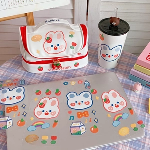 Cute white strawberry rabbit stationery pouch with decorative cartoon stickers set