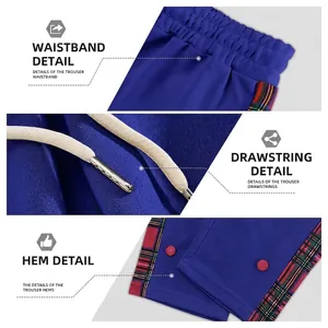 Royal blue men's casual pants featuring elastic waist and plaid side tape with button details