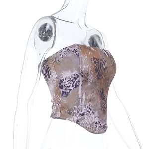 Detail of leopard print corset top with boning structure and side zipper closure