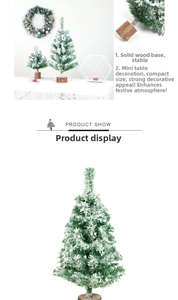 Miniature green flocked Christmas tree with snow effect and solid wood base detail