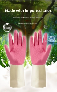 Detail of pink and cream latex gloves showing anti-slip diamond texture and long cuffs