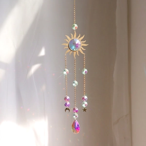Detailed sun-shaped metal dreamcatcher with AB rainbow crystal beads and moon charms