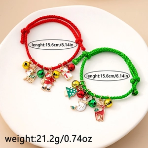 Detail of handmade Christmas bracelets with Santa and reindeer charms and size specs