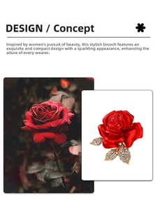 Detailed view of red rose brooch with golden leaves and sparkling crystals for women