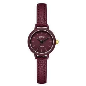 Elegant GEDI quartz watch featuring a dark red leather strap and gold-tone crown accent