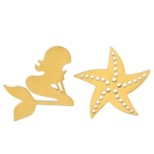 Asymmetric gold stainless steel mermaid and starfish earrings with intricate cutouts