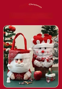 Detailed plush Christmas gift bags featuring Santa Claus and reindeer characters
