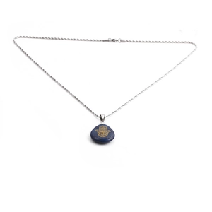 Hamsa Hand of Fatima pendant with blue teardrop stone on silver rope chain necklace