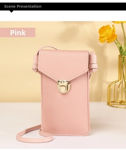 Detailed view of pink PU leather touch screen phone bag with gold metal buckle closure