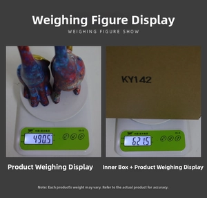 Detailed view of abstract elephant ornament weighing 490.5g and 621.5g with box