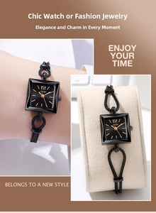 Detailed view of the black square dial and unique woven knot bracelet on the quartz watch