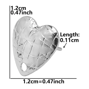 Detail of 304 stainless steel heart earring component with diamond texture and size labels