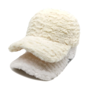 Plush faux shearling baseball caps in white and beige for winter warmth and comfort