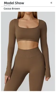 Détails de l'ensemble de yoga marron cacao sans couture avec taille haute et col carré