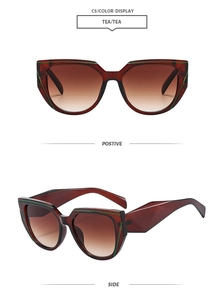 Detail view of tea-colored square sunglasses with gradient lenses from front and side