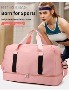 Large capacity pink fitness bag featuring dry wet separation and a dedicated shoe compartment.