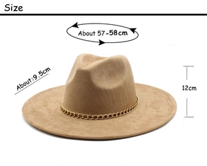 Detailed size chart of camel suede fedora hat with metal chain and wide brim dimensions