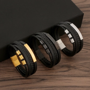 Men Multi-Layer Braided Leather Bracelet With Stainless Steel Magnetic Clasp Geometric Metal Decor Trendy Hand Jewelry