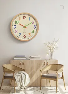 Close-up of a 12-inch bamboo texture wall clock with rainbow numerals in a Nordic room