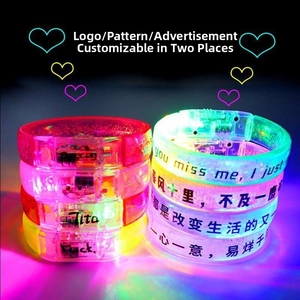 Macro detail of LED glowing wristbands showing custom printed text and vibrant colors