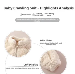 Detail of plush baby winter romper showing stand collar, zipper and elastic cuffs