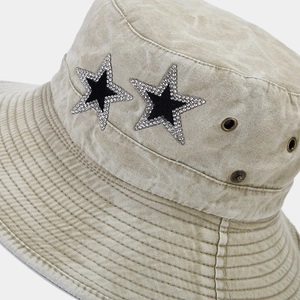 Khaki washed canvas wide brim sun hat with rhinestone star details for outdoor wear