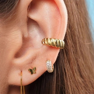 S925 sterling silver gold ear cuff set with butterfly stud and zircon ring on ear