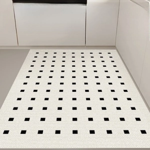 Detail of French minimalist checkerboard kitchen mat with anti-slip and waterproof PVC texture
