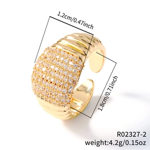 Detail view of gold open ring with cubic zirconia pavé and size measurements