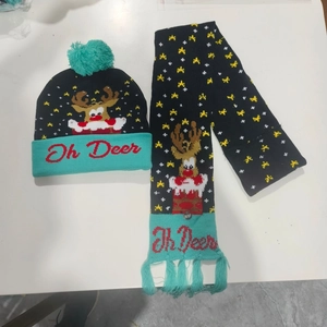 Detail of Christmas knitted hat and scarf set with LED lights and elk jacquard patterns