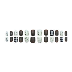 24pcs short press-on nails set with checkered patterns, dots, and brown glossy finish