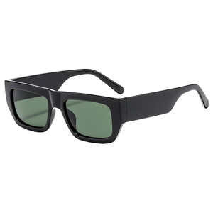 Retro rectangle thick frame sunglasses in glossy black with dark green UV lenses