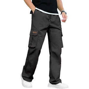 Men's loose multi-pocket charcoal grey cargo pants with side flap pockets for casual wear