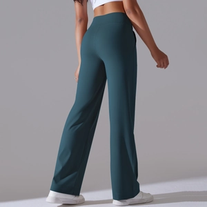 Rear view of high-waisted dark green wide-leg yoga pants showing fabric texture