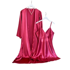 Wine red satin lace-up robe and V-neck slip dress two-piece loungewear set with pearl necklace
