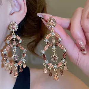 French Palace Chandelier Earrings Alloy Rhinestone Heart Water Drop Hollow With 925 Sterling Silver Earring Post