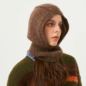 Speckled brown knit balaclava for women with cozy thick hood and neck warmer style