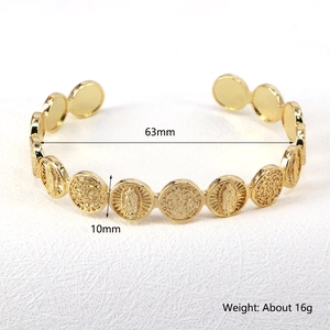 Retro 18K gold plated brass adjustable bangle featuring relief religious coin charms