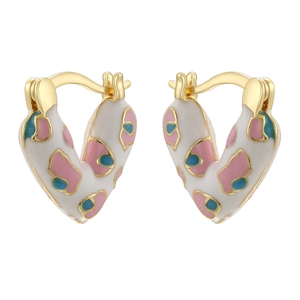 Detailed view of colorful heart-shaped hoop earrings with blue and pink leopard spots