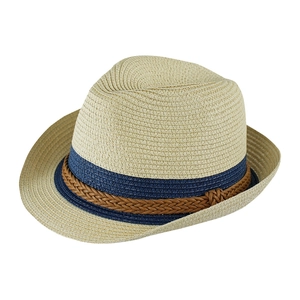 Classic Panama straw hat in beige with navy ribbon and brown braided rope trim