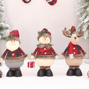 Three-piece Christmas plush doll set featuring Santa, Snowman, and Reindeer in red plaid fabric