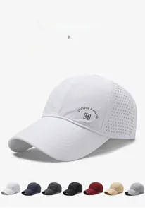 Detail view of breathable laser-cut vents and logo on a summer quick-dry baseball cap