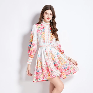 Vintage floral long sleeve mini dress with stand collar and waist belt on white background