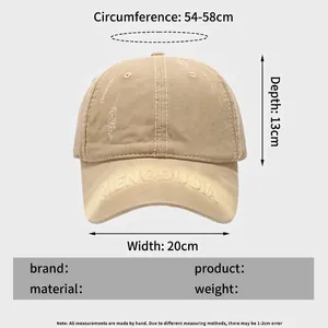 Vintage light khaki baseball cap with distressed embroidery and size chart specifications